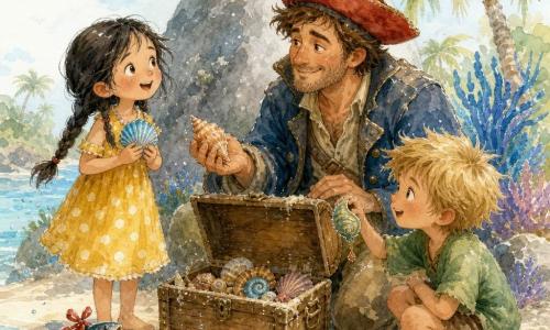 A kind smiling man, Captain Ben, with short brown hair and a red sailor hat kneels by an open wooden chest partly buried in sand and offers a shell to Ana, an amazed 8-year-old girl with braided black hair in a yellow polka-dot dress standing to the left, while Tom, a 7-year-old boy with tousled blond hair in a green shirt, crouches to the right holding a small tinkling green shell; a small silver fish with a red ribbon on its fin splashes near the shore; scene set on a small sandy island with a large gray rock behind the chest, strange azure plants and bright green palms under a pale pastel sky, soft light, warm watercolor tones and gentle splashes.