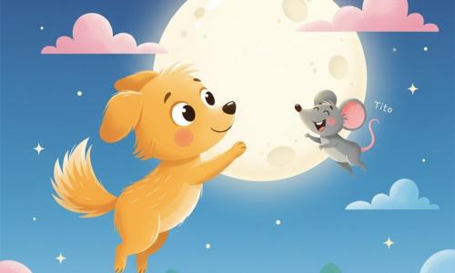 Un pequeño perro dorado y sonriente, de grandes ojos y cola en penacho, extiende una pata para tocar la luna; a su derecha y un poco detrás flota Tito, un ratoncito gris de orejas rosadas que ríe. La luna, grande y cremosa con suaves matices y pequeñas manchas, está rodeada de nubes rosadas y azules; el cielo nocturno degradado azul con estrellas y un tenue brillo. Abajo se insinúa un jardín estilizado con árboles redondeados y una cerca. Ambos amigos vuelan suavemente hacia la luna en una escena tierna, segura y mágica.