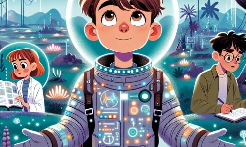 O personagem principal, um homem chamado Lúcio, é um explorador espacial de cerca de trinta anos, com cabelos castanhos bagunçados e olhos cheios de curiosidade. Ele usa um traje espacial futurista prateado, adornado com luzes brilhantes, e está de pé, com os braços abertos e um sorriso maravilhado no rosto, diante de uma paisagem extraterrestre. Ao seu lado está Aline, uma engenheira de 28 anos, com cabelos curtos e ruivos, usando óculos e um uniforme de trabalho. Ela está inclinada sobre um laptop, analisando dados sobre o ambiente de Zeta-7, enquanto lança um olhar admirativo para Lúcio. Marco, um garoto de 25 anos, é um astrobiologista com cabelos negros e óculos redondos. Ele está agachado perto de uma planta luminosa, anotando em um caderno, fascinado pelas cores vibrantes da flora ao seu redor. O local é uma vasta floresta no planeta Zeta-7, com árvores de troncos prateados e folhas multicoloridas que brilham sob um céu roxo. Montanhas majestosas se erguem no horizonte, enquanto criaturas estranhas e amigáveis se movem discretamente entre as árvores. A cena principal mostra Lúcio e sua equipe descobrindo este mundo fascinante, maravilhados com a beleza e a estranheza de seu novo ambiente, prontos para aprender e estabelecer conexões com os habitantes deste planeta.