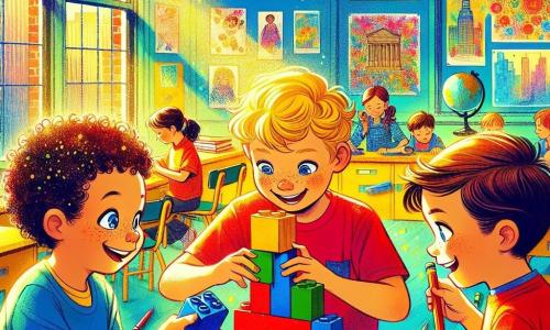 In einem bunten Klassenzimmer spielen drei Jungen mit Bauklötzen. Max, ein 6-jähriger Junge mit braunen Haaren und funkelnden Augen, hält einen großen blauen Block und lächelt stolz. Neben ihm stapelt Ben, ebenfalls 6 Jahre alt, mit unordentlichen blonden Haaren und einem roten T-Shirt, begeistert rote Blöcke. Leo, ein 6-jähriger Junge mit kastanienbraunen Haaren und einem kleinen Hörgerät, lacht, während er einen gelben Block hält, bereit, ihn auf ihre Turmspitze zu setzen. Das Klassenzimmer ist hell, mit gelben Wänden und Kinderzeichnungen überall. Große Fenster lassen Sonnenlicht herein, das die lebendigen Farben der verstreuten Bauklötze beleuchtet. Ein großer Tisch am Ende ist mit Büchern und Stiften beladen. Die drei Freunde bauen ein riesiges Schloss aus ihren bunten Blöcken, lachen und ermutigen sich gegenseitig, während ihre Lehrerin, Frau Schmidt, sie lächelnd beobachtet.