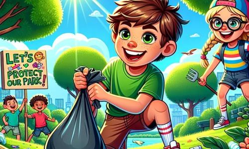 Un ragazzo di 10 anni, di nome Luca, con capelli castani disordinati e occhi brillanti di determinazione, è accovacciato in un parco verdeggiante, sorridendo con orgoglio mentre raccoglie rifiuti in un grande sacco della spazzatura. Accanto a lui, la sua migliore amica Giulia, una ragazza di 10 anni con capelli biondi intrecciati e una maglietta colorata, lo incoraggia tenendo un cartello fatto a mano che dice "Proteggiamo il nostro parco!" Marco, un ragazzo di 10 anni con occhiali e una maglietta a righe, è un po' più lontano, intento a raccogliere una bottiglia di plastica, con un'espressione concentrata e impegnata. Il parco è pieno di alberi maestosi con foglie verdi brillanti, fiori colorati che fioriscono sotto il sole radioso e piccoli uccelli che cantano gioiosamente tra i rami. A terra, ci sono rifiuti sparsi, ma l'atmosfera è piena di speranza ed energia positiva. La scena principale mostra i bambini uniti nella loro missione di pulizia, con sorrisi sui volti, illustrando la loro determinazione a rendere il loro ambiente più bello e sano.