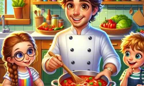 Un hombre, el Chef Rúben, sonriente y cálido, lleva un gorro blanco y un delantal colorido. Tiene el cabello castaño ligeramente rizado y ojos brillantes de alegría. Está mezclando una gran olla de salsa de tomate, con ingredientes frescos a su alrededor. A su lado, una niña de 8 años, Carla, con trenzas y gafas redondas, observa con asombro, sosteniendo una zanahoria en la mano. Un niño de 7 años, Nico, con el cabello rubio desordenado, está cortando tomates con un cuchillo pequeño, concentrado y entusiasta. La escena tiene lugar en la animada cocina del restaurante 