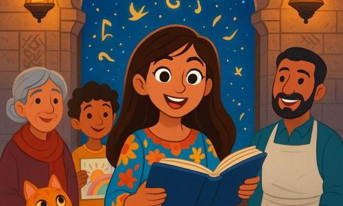Layla, a young woman with long brown hair and sparkling curious eyes, stands in front of a carved wooden door, her face glowing with excitement and determination. She wears a colorful dress adorned with floral patterns, holding an open book ready to share a story. Beside her is Saffron, a ginger cat with golden eyes, sitting on the steps, attentive and curious. A group of neighbors, including an elderly woman with silver hair and a warm smile, stands behind Layla, listening with interest. They are accompanied by a young boy with curly hair holding a colorful drawing and a cheerful man in a baker's apron, smiling at Layla. The scene takes place in front of an old library with stone walls decorated with arabesque patterns, softly lit by hanging lanterns, and vibrant book covers. The main situation shows Layla reading a story aloud, surrounded by friends and neighbors, all captivated by her words, while luminous words fly around them like birds, illuminating the starry night.