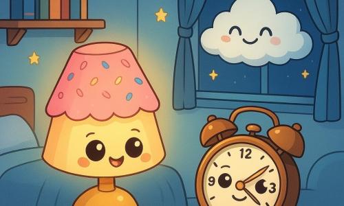 Lenny, a round and cheerful bedside lamp with a pink cupcake-shaped shade, shines with a soft and warm light. Its round, shiny eyes express amused pride as it illuminates the room. Next to it, Clack, a vintage alarm clock with golden hands, has a serious yet kind expression; its round eyes and shiny white face add a charming touch. It stands on the nightstand, ready to tell the time with a slight smile. The cozy room features pastel blue walls, sparkling stars on the ceiling, and a bed covered with a fluffy blanket. Colorful books are stacked on a shelf, and a cloud-shaped rug is spread on the floor. The main scene shows Lenny and Clack preparing a small nighttime party to welcome a paper cloud that has just settled at the window. Lenny casts its soft light on the cloud while Clack ticks gently, creating a warm and joyful atmosphere.