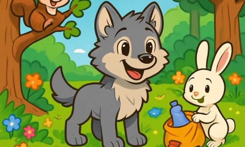 Een jonge wolf genaamd Luca, met een zachte grijze vacht en nieuwsgierige ogen, staat aan de rand van een glinsterende beek, zijn gezicht straalt enthousiasme uit. Hij kijkt om zich heen, met zijn oren rechtop, klaar om de wonderen van de natuur te ontdekken. Naast hem klimt een klein eekhoorntje genaamd Pip, met een bruine vacht en een pluizige staart, vrolijk op een tak, zijn ogen glinsterend van ondeugd, terwijl hij een klein blaadje in zijn pootjes houdt. Niet ver weg is er een schattig konijntje genaamd Nola, met een witte vacht en grote oren, druk bezig met het verzamelen van kleurrijke bloemen, haar gezicht vol vastberadenheid en vreugde. De setting is een prachtig groen bos met majestueuze bomen en felgroene bladeren, bezaaid met bloemen in levendige kleuren die dansen in de wind. De beek, met kristalhelder water, kronkelt door het landschap en weerspiegelt de blauwe lucht met donzige wolken. De hoofdactie toont Luca en zijn vrienden die vastberaden hun geliefde bos schoonmaken, terwijl ze kleurrijk afval oprapen dat de schoonheid van hun omgeving aantast, lachend en elkaar aanmoedigend.