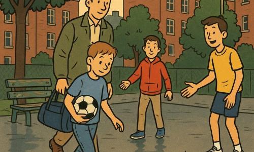 Een voorzichtige, serieuze 12‑jarige jongen glimlacht licht, met kort lichtbruin haar, een verwasemd blauw T‑shirt en jeans, houdt een voetball met een klein belletje en loopt naar de bal terwijl hij het klingelen hoort; een kalme, goedgezinde man van rond de veertig in een kaki jas met een sporttas staat iets achter hem klaar om aan te moedigen en de pass te vangen; tegenover de hoofdpersoon staat een zelfverzekerde jongen met bruin haar en een rood sweatshirt klaar om te ontvangen; een grotere jongen met een aarzelende glimlach in short en sportschoenen staat opzij om te helpen; de scène speelt zich af op een klein stadspleintje met nat cement dat licht weerspiegelt, afgebladderde houten bankjes, een gelige lantaarn, rode bakstenen gebouwen en donkere bomen; het beeld toont een rustige, inclusieve voetbalpartij: de bel in de bal laat een sprankelend geluidsspoor na en alle kinderen spelen samen aandachtig en solidair in een lichte compositie met zachte kleuren en warme, optimistische sfeer.