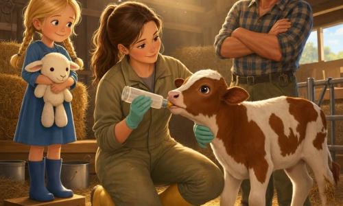 Een kalme, zorgzame vrouwelijke dierenarts van circa 30 jaar met bruin paardenstaart, kaki werkjas licht bevlekt met stro, gele rubberlaarzen en latexhandschoenen knielt glimlachend bij een klein bruin-wit kalfje (Knap) en legt zacht haar hand op zijn flank terwijl ze met de andere hand een elektrolytenflesjes-speen tegen zijn mond houdt; links kijkt het ongeveer 8-jarige meisje Lotte met blonde staartjes en een blauwe jurk bewonderend toe terwijl ze een wit schaapknuffel vasthoudt en op een houten trede staat; achter de dierenarts staat boer Bram, circa 45, rood door de zon, pet, geruite overhemd, armen over elkaar, opgelucht en beschermend. De warme, gedetailleerde schuur met lichte houten wanden, zichtbare balken, hooirollen en metalen emmers, zonlicht dat door een luik valt met stofdeeltjes in de stralen, suggereert de geur van hooi; de scène is intiem en geruststellend met eenvoudige instrumenten op een kist (stethoscoop, thermometer), zachte texturen en warme kleuren.