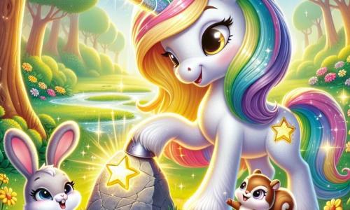 Într-o poiană însorită, o minunată unicorniță numită Luna stă mândră. Are o coamă strălucitoare în culorile curcubeului care scânteiază sub razele soarelui, iar cornul său argintiu strălucește cu o lumină magică. Luna exprimă o mare determinare și o bucurie blândă, în timp ce atinge o piatră gravată cu o stea cu cornul său, iluminând scena cu o strălucire caldă. Lângă ea, un iepuraș pe nume Nori, cu urechi mari și blană moale și albă, sare fericit. Are o privire curioasă și entuziastă, admirând magia care emană din piatră. Puțin mai departe, o veveriță pe nume Pip, cu blana sa brună și coada în evantai, îi privește cu un zâmbet complice, pregătit să-i ajute în căutarea lor. Poiana este înconjurată de copaci mari cu frunze verzi strălucitoare, iar flori colorate dansează ușor în vânt. Un pârâu strălucitor curge în apropiere, adăugând o melodie liniștitoare atmosferei fermecate. Situația principală îi arată pe Luna, Nori și Pip reuniți în jurul pietrei magice, în timp ce lumina stelei gravate începe să strălucească intens, simbolizând începutul unei noi aventuri pline de promisiuni și descoperiri.