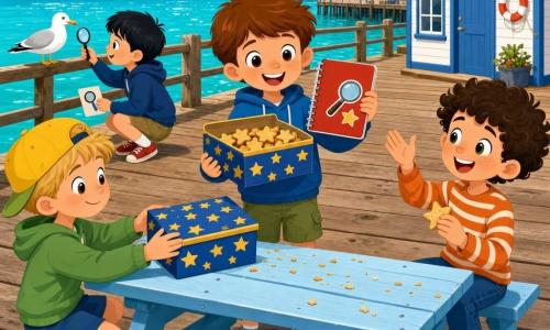Four 6-year-old boys: Milo, chestnut short hair, standing center holding a red notebook and a small attached pencil, showing the notebook to the viewer and holding a starry biscuit tin in one hand; Theo, blond hair with a yellow cap, kneeling left of Milo, gently placing the starry tin on the picnic table; Jasper, dark curly hair with freckles, right of Milo, laughing while holding a biscuit and raising his other hand playfully; Ben, straight black hair, crouched by the pier railing in the background watching a seagull and holding a magnifier sticker ready to stick in his notebook. Setting: wooden seaside pier with light planks and visible knots, light blue painted bench and picnic table, turquoise sea with white highlights, small quay buildings including a 