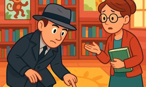 A detective named Eliot Grey stands at the center of the scene. He wears a long black coat and a gray felt hat, with bright, attentive eyes showing curiosity and focus. Beside him is Mrs. Willow, the librarian, around 40 years old, with round glasses and brown hair in a bun, looking at the detective with concern while holding a book. The setting is a library's reading room, featuring red brick walls, shelves filled with colorful books, and a large yellow sun-shaped rug in the center. Jungle animal posters decorate the walls, and soft light filters through the windows. The main situation shows Eliot examining a small pile of dust and glitter on the floor, while Mrs. Willow points to an empty stand where a precious book once was. The atmosphere is tense yet hopeful as they search for clues to solve the mystery of the missing book.