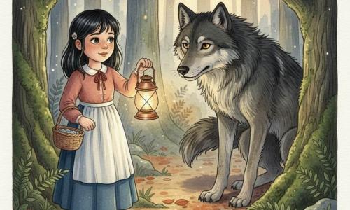 A 10-year-old girl with mid-length black hair, bright hazel eyes, a round face and light freckles calmly and bravely faces the Big Bad Wolf, holding a small wicker basket and a copper lantern that casts a warm, flickering glow on her face and nearby leaves. The tall, lean wolf has anthracite-gray fur streaked with black, amber lantern-like eyes, and thin bared fangs but a hesitant posture as he crouches two meters back on the path, long shadows behind him. They stand in a clearing of an ancient forest with moss-covered trunks, russet leaf litter, misty ferns and golden shafts of light; deep bluish-violet shadows contrast with the lantern’s warmth and a few fireflies dot the air. The scene captures the girl frozen, lantern held like a small beacon, confronting the wolf in a quiet moment where fear turns to curiosity.