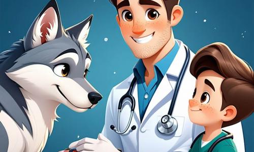 Um veterinário, Dr. Tiago, é retratado com um sorriso caloroso e olhos brilhantes de compaixão. Ele usa um jaleco branco, luvas de látex e segura uma caixa de primeiros socorros, inclinando-se suavemente em direção a um lobo de pelagem cinza, que observa com curiosidade e um leve alívio. Ao seu lado, um menino de 11 anos, Lucas, com cabelos castanhos bagunçados e uma camiseta verde, observa atentamente, com os olhos arregalados de admiração, segurando um caderno de esboços. A cena acontece em um pequeno consultório veterinário, com paredes pintadas de azul claro, cartazes de animais pendurados e prateleiras cheias de suprimentos médicos para animais. No fundo, uma grande janela deixa entrar a luz do sol, iluminando o ambiente e criando uma atmosfera acolhedora. A situação principal mostra o Dr. Tiago tratando o lobo ferido, aplicando um curativo em sua pata enquanto explica a Lucas as etapas do cuidado, ilustrando a paixão e a devoção do veterinário pelos animais.