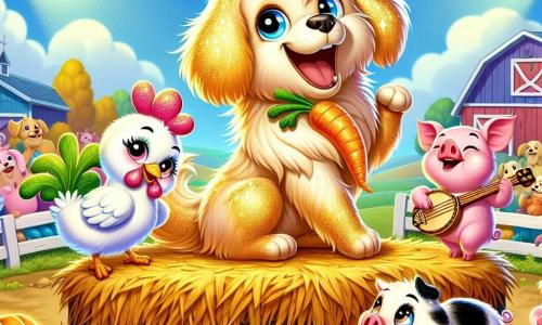 Um cachorro chamado Pingo, com pelagem dourada brilhante e olhos curiosos, dança alegremente em um palco improvisado feito de fardos de feno, seu sorriso radiante de excitação. Ao seu lado, uma pequena galinha chamada Lili, com penas brancas e um ar travesso, segura uma cenoura como microfone, cantando animadamente. Um porquinho chamado Zé, com pelagem rosa e bochechas redondas, toca gaita, de pé ao lado, rindo de felicidade. Ao fundo, uma fazenda colorida se ergue sob um céu azul, com lanternas em forma de abóbora iluminando a cena, enquanto animais da fazenda, como vacas e patos, se reúnem, aplaudindo e se divertindo. A cena captura a energia de um espetáculo alegre onde os animais cantam e dançam juntos, criando uma atmosfera festiva e divertida.