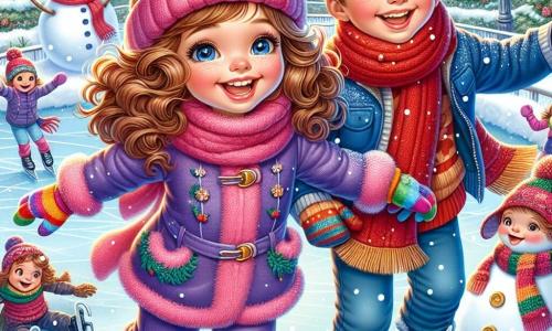 O fetiță de 6 ani, Ana, cu părul castaniu și buclat, obrașe roz și un zâmbet mare, se patinează vesel pe o patinoar în aer liber, înconjurată de fulgi de zăpadă care cad ușor. Ea poartă o salopetă violet, o căciulă roz din lână și mănuși colorate, arătând o expresie de entuziasm și fericire. Lângă ea, Mihai, un băiat de 7 ani cu părul blond și ochi sclipitori, o încurajează ținându-i mâna. El poartă o eșarfă roșie și un palton albastru, râzând și alunecând pe gheață cu ușurință. Decorul este un parc de iarnă magic, cu copaci acoperiți de zăpadă, copii jucându-se în zăpadă și un mare om de zăpadă decorat cu o eșarfă colorată și o morcov pentru nas, creând o atmosferă veselă și festivă. Situația principală arată cum Ana și Mihai patinează împreună, descoperind bucuria iernii, cu râsete și zâmbete, în timp ce alți copii îi privesc cu admirație, împărtășind magia unei zile perfecte de iarnă.