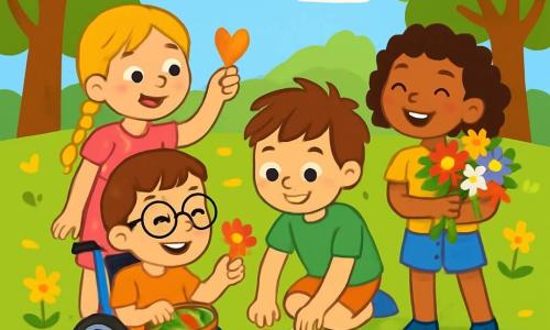 Ci sono 4 bambini: Marco, un ragazzo di 8 anni con capelli castani e occhiali, seduto su una sedia a rotelle e sorridente con un piccolo cestino di foglie e fiori; Giulia, una ragazza di 7 anni con lunghi capelli biondi intrecciati e un vestito rosa a pois, in piedi accanto a Marco e che gli mostra una foglia a forma di cuore; Luca, un ragazzo di 9 anni con capelli castani disordinati e una maglietta verde, accovacciato davanti a un mucchio di fiori colorati per scegliere petali per un collage; Sara, una ragazza di 8 anni con capelli ricci e pantaloni corti blu, in piedi dietro Luca con un grande mazzo di fiori e ridendo di gioia. La scena si svolge in un parco soleggiato, circondato da alberi verdi e fiori luminosi, con un cielo blu e alcune nuvole bianche. I bambini stanno creando un collage artistico su un grande foglio di carta, utilizzando i tesori naturali raccolti, ridendo e aiutandosi a vicenda in un'atmosfera gioiosa.