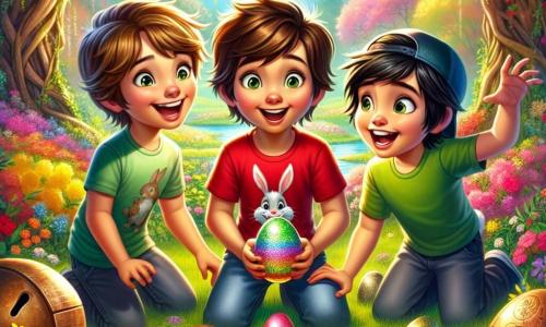 Drei fröhliche Jungen, Max, Ben und Leo, stehen im Mittelpunkt des Bildes. Max, 8 Jahre alt, hat braune Haare und trägt ein rotes T-Shirt mit einem kleinen Hasen. Er hockt und hält ein glitzerndes, buntes Ei. Rechts von ihm steht Ben, ebenfalls 8 Jahre alt, mit blonden Haaren und einer blauen Mütze. Er zeigt auf einen großen Busch, seine Augen strahlen vor Aufregung. Links steht Leo, der kleinste mit 7 Jahren, hat schwarze Haare und trägt ein grünes T-Shirt. Er steht mit erhobenen Armen vor einer großen Holzglocke.

Der Ort ist ein frühlingshafter Garten, gefüllt mit bunten Blumen, üppigen Büschen und blühenden Bäumen. Die Sonne scheint hoch am blauen Himmel und wirft sanfte Schatten auf den grünen Boden. Überall sind bunte Ostereier versteckt, einige hinter den Blumen sichtbar, andere halb im Gras vergraben.

Die Hauptsituation zeigt die drei Freunde, die ein magisches Ei entdecken, das unter der Sonne leuchtet. Sie sind begeistert und beugen sich, um es näher zu betrachten, während eine leichte Brise die Blütenblätter um sie herum tanzen lässt.