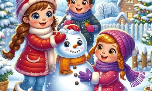 In einer märchenhaften Winterlandschaft spielen drei Kinder zusammen. Leni, ein fünfjähriges Mädchen mit langen braunen Haaren, trägt einen leuchtend roten Mantel und eine Bommelmütze. Sie rollt einen großen Schneemann, lächelnd und voller Energie. Neben ihr sucht Mia, ein weiteres fünfjähriges Mädchen mit geflochtenen blonden Haaren, bunte Steine für die Augen des Schneemanns und trägt einen bunten Schal sowie lila Handschuhe. Schließlich sammelt Tom, ein fünfjähriger Junge mit kastanienbraunen Haaren und von der Kälte geröteten Wangen, eine Karotte, um sie als Nase auf den Schneemann zu setzen. Die Szenerie zeigt einen verschneiten Garten mit majestätischen, schneebedeckten Bäumen unter einem hellblauen Himmel. Sanfte Schneeflocken fallen und schaffen eine magische Atmosphäre. Die Hauptszene zeigt die drei Freunde beim Bau eines Schneemanns, lachend und spielend, umgeben von der winterlichen Schönheit, die Freundschaft und die Freude an Winteraktivitäten symbolisiert.