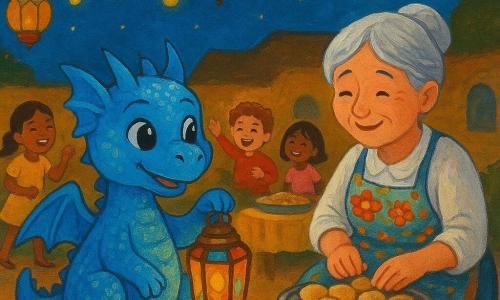 Un dragonel albastru mic, Dodo, cu solzi sclipitori și ochi strălucitori, ține o lanternă veche din sticlă colorată, luminată de o lumină aurie blândă. Este așezat pe o pătură moale într-o curte luminată de lampioane suspendate. Lângă el, o femeie bătrână zâmbitoare, bunica lui, cu păr argintiu și un șorț cu motive florale, pregătește cu grijă prăjiturele. În jurul lor, copiii râd și se joacă, fețele lor fiind luminate de lumina lanternelor. Curtea este decorată cu ghirlande luminoase și mese mici acoperite cu mâncăruri tradiționale de Ramadan. Cerul este presărat cu stele strălucitoare, adăugând o atmosferă magică și caldă scenei.