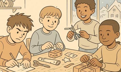 Vier jongens van ongeveer 11 jaar verpakken samen cadeaus aan een houten tafel in een warme keuken: Milan, links zittend, verward haar en geconcentreerd schrijvend met grote gebaren; Timo, achteraan rechts staand, krullend haar en breed glimlachend terwijl hij papieren sterren knipt; Sam, voor midden zittend, met stijl haar en rustige, precieze handen die stickers op een doos plakken; Lars, rechts in een versierde rolstoel, kort haar en vastberaden, die een grote strik om een pak maakt. Op de tafel liggen stapels dozen, linten, ster- en kaneelpapier, scharen en lijm, dampende mokken chocolademelk; een hanglamp werpt een cirkel warm licht, het raam is bevroren en toont vierkante sneeuwvlokken boven een klein dorp, er zijn krakkemikkige stoelen en planken met potten en hangende linten, sfeer actief en teder, warme binnenlicht contrasteert met de koude buitenlucht.