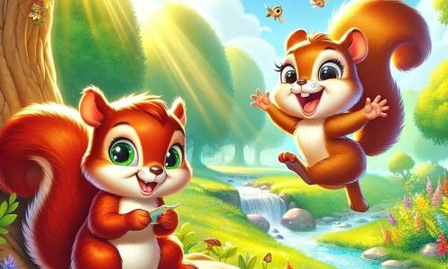 Emil, ein kleiner, glänzend roter Eichhörnchen, sitzt auf einem großen Baumstamm, sein Gesicht erleuchtet von einem fröhlichen und neugierigen Lächeln. Er hält eine kleine Karte in seinen Vorderpfoten, die Augen funkelnd vor Aufregung. Neben ihm springt seine Schwester Leni, ein kleines Eichhörnchen mit weichem, seidigem Fell, vor Freude, ihre kleinen Pfoten erhoben und ein großes Lächeln auf ihrem Gesicht. Der Ort ist eine sonnige Lichtung, umgeben von großen Bäumen mit leuchtend grünen Blättern, und bunten Blumen, die im Wind tanzen. Im Hintergrund funkelt ein Bach unter den Sonnenstrahlen und verleiht der Szene einen Hauch von Magie. Die Hauptsituation zeigt Emil und Leni, die ihre Sommerabenteuer planen, umgeben von der Schönheit der Natur, voller Enthusiasmus und Vorstellungskraft für die bevorstehenden Entdeckungen.