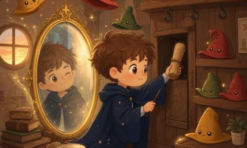 Un niño aprendiz de mago, Leo, de 10 años, cara redonda con pecas y pelo castaño despeinado, con capa azul noche y una pequeña varita de madera, sonriente y concentrado mientras desliza un antiguo pergamino amarillo polvoriento en un estante oculto; su reflejo en un gran espejo antiguo (también un niño de 10) le guiña un ojo travieso; el espejo tiene marco dorado gastado y leves destellos irisados; varios sombreritos kawaii coloridos (rojo, verde, mostaza) flotan y se alinean en estantes de forma juguetona; el lugar es un cálido desván de madera con vigas, polvo dorado en suspensión, pilas de libros viejos y una ventana circular que deja entrar una luz naranja de tarde; la escena muestra a Leo cerrando el compartimento secreto en paz mientras los sombreros se calman y el espejo proyecta un brillo mágico suave, atmósfera encantadora y colores cálidos.