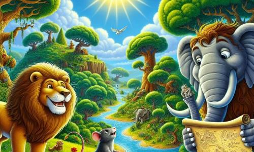 Un león majestuoso, llamado León Valiente, se encuentra orgullosamente en el centro de la escena, con su melena dorada ondeando al viento y una mirada decidida y una sonrisa cálida en su rostro. A su derecha, un pequeño ratón curioso, con pelaje gris y ojos brillantes, trepa por una rama de árbol, observando al león con admiración. A la izquierda, un elefante imponente, con grandes orejas y piel gris, sostiene un gran rollo de mapa con su trompa, listo para ayudar a sus amigos en su búsqueda. El escenario es una colina verde, salpicada de árboles majestuosos y flores coloridas, bajo un cielo azul brillante donde el sol brilla intensamente. En el fondo, se puede ver un gran árbol de hojas exuberantes, símbolo de sabiduría, y un arroyo que brilla mientras serpentea por el paisaje. La situación principal muestra a León Valiente y sus amigos en plena aventura, examinando un mapa del tesoro, listos para descubrir el misterio que les espera, rodeados por la belleza de la naturaleza.