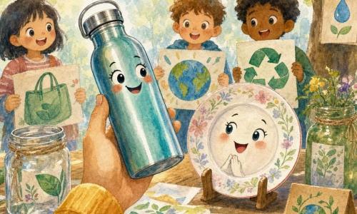 Flori, eine anthropomorphisierte, lächelnde Edelstahlofenne mit blau-grünem Metallglanz, wird von einer Kinderhand in der Bildmitte gehalten; rechts auf einem hellen Holztisch steht Tino, ein rundes, lächelndes Porzellanteller mit dezenten Blumenmustern, und drei einfache, ausdrucksvolle Kinder mit staunenden Augen halten hinter dem Stand bunte „Zero Waste“-Plakate; der Außenschulstand ist mit Flyern, recycelten Gläsern, handbemalten Kartonschildern und einer Girlande aus Blättern und Blumen dekoriert, vor grünen Bäumen und aquarelliertem Himmel; Szene: Flori demonstriert freudig die Vorteile wiederverwendbarer Flaschen, warme Gesten und nahe Interaktion, sanfte Farbtöne und leichte Wassertexturen verleihen Dynamik.
