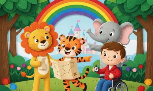 Ci sono quattro personaggi: Léon, un leone giocattolo in peluche maschio dall'aspetto di 6 anni, pelo dorato e criniera rotonda arancione, a sinistra con una piccola mappa del tesoro; Mia, una tigre femmina in feltro dall'aspetto di 5 anni, pelo miele con strisce nere, al centro che salta indicando la via; Nino, un elefantino neutro in stoffa dall'aspetto di 4 anni, pelle grigia e grandi orecchie, dietro a destra che indica un arcobaleno con la proboscide; Toto, un bimbo in carrozzina di feltro dall'aspetto di 5 anni, capelli castani corti, giacca rossa, davanti a destra di Léon che sorride e tiene un compasso. Sullo sfondo una foresta incantata in feltro con alberi dalle foglie verde smeraldo, campo di fiori di stoffa, un ampio arcobaleno testurizzato e un castello di zucchero in stile pastello all'orizzonte; tutti e quattro guardano insieme una grande mappa del tesoro sotto l'arcobaleno, in atteggiamento di squadra e avventura, espressioni gioiose, colori vivaci e forme semplici adatte a un quadro in feltro per bambini.