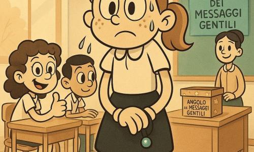 Ragazza di 12 anni dal viso rotondo e lentiggini, capelli castano chiaro raccolti in una coda, sguardo nervoso ma determinato, mani leggermente sudate, tiene in tasca un piccolo ciondolo di stoffa con una perla blu mentre presenta in classe con postura leggermente incurvata e mento chinato; Giulia, coetanea dai capelli ricci castani, seduta in prima fila a sinistra con sorriso malizioso e pollice alzato; Samir, ragazzo di 12 anni pelle olivastra e capelli corti neri, seduto a destra, sguardo calmo, sussurra parole di incoraggiamento tenendo un quaderno; l'insegnante quarantenne dai capelli raccolti, abbigliamento semplice, sorride benevola accanto alla lavagna con una scatola decorata con stelle etichettata "Angolo dei Messaggi Gentili" sulla cattedra; aula luminosa con pareti pastello, grande cartellone azzurro con la stessa scritta, banchi in legno chiaro, finestra con luce pomeridiana e atmosfera calda e rassicurante, stile grafico contrastato, forme arrotondate, colori tenui e texture carta.
