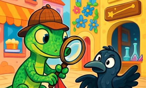 Un geco detective di nome Gelsomino, con squame verde smeraldo scintillanti, indossa un piccolo cappello da detective e tiene una lente d'ingrandimento nella zampa, mostrando un'espressione di curiosità ed eccitazione. Accanto a lui, un corvo nero di nome Cornelio, con piume lucenti e occhi maliziosi, appare leggermente preoccupato, con le ali leggermente spiegate, come se fosse pronto a volare. La scena si svolge in una vivace strada di Luminopoli, dove edifici colorati con facciate ornate di fiori magici si ergono sotto un cielo azzurro, mentre una pasticceria vicina emana aromi di dolci. Gelsomino e Cornelio si trovano davanti al negozio del signor Barbagli, dove bottiglie di pozioni e bacchette magiche sono sparse, creando un'atmosfera di mistero e magia. Gelsomino sta esaminando un pezzo di tessuto del mantello di un cliente misterioso, mentre Cornelio guarda intorno, intrigato dai suoni strani che provengono dal negozio.