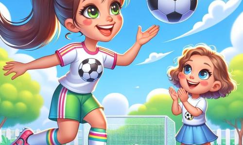 Im Zentrum des Bildes jongliert eine junge Frau, Lara, mit einem Fußball. Sie hat braune Haare zu einem Pferdeschwanz gebunden und ein strahlendes Lächeln, das Freude und Leidenschaft ausdrückt. Sie trägt ein buntes Fußballtrikot, Shorts und Sportschuhe, was ihre Entschlossenheit und Energie zeigt. Neben ihr steht ein etwa 8-jähriges Mädchen, Mia, das bewundernd zuschaut. Sie hat lockige blonde Haare und trägt ein T-Shirt mit einem Fußballmotiv. Sie applaudiert Lara, ihre Augen leuchten vor Aufregung und Inspiration. Die Szenerie spielt auf einem kleinen, grünen Fußballfeld, umgeben von Bäumen und bunten Blumen, unter einem klaren blauen Himmel mit ein paar weißen Wolken. Die Sonne scheint und schafft eine warme, fröhliche Atmosphäre. Die Hauptsituation zeigt Lara und Mia, die einen Moment des Spiels und Lernens teilen, wobei Lara Mia einige Fußballtricks beibringt, während der Ball fröhlich zwischen ihnen rollt und Freundschaft sowie Leidenschaft für den Sport symbolisiert.