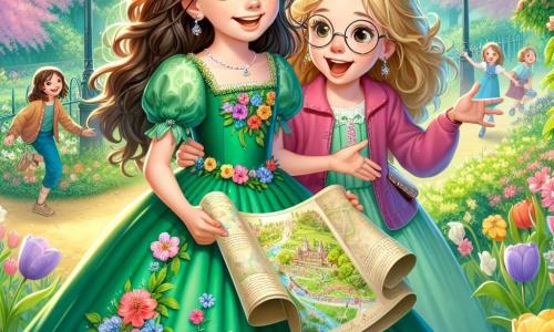 Een 12-jarig meisje, Lotte, met lange bruine haren en sprankelende ogen, glimlacht vrolijk terwijl ze een kaart vasthoudt. Ze draagt een mooie groene jurk versierd met kleurrijke bloemen, die de lente symboliseert. Naast haar staat haar beste vriendin Emma, ook 12 jaar oud, met blond haar en ronde bril, die enthousiast een grote bloem laat zien die ze net heeft geplukt. Ze bevinden zich in een groene park, vol licht, waar bloeiende bomen en kleurrijke tulpen een betoverend tafereel creëren. In de verte spelen en lachen andere kinderen, wat bijdraagt aan de vrolijke sfeer. Lotte en Emma zijn druk bezig met de voorbereidingen voor een lentek Treasure Hunt, klaar om de wonderen van de natuur om hen heen te verkennen.