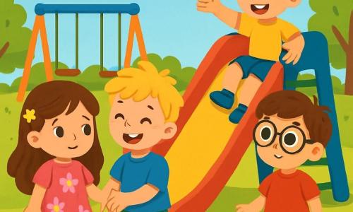 There are 4 characters: Lily, a 4-year-old girl with long brown hair and sparkling eyes, wearing a pink dress with flowers, standing slightly back and looking at the slide with a worried expression. Max, a 4-year-old boy with messy blonde hair and a big smile, wearing a blue t-shirt and green shorts, stands next to Lily, holding her hand to reassure her. Sam, another 4-year-old boy with brown hair and round glasses, wearing a red t-shirt and jeans, stands a bit ahead, looking at the slide with curiosity. Tom, a tall 6-year-old boy with black hair and a cap, wearing a yellow t-shirt and shorts, is at the top of the slide, smiling and waving friendly at Lily. The scene takes place in a sunny park with a large colorful slide and swings, surrounded by green trees and colorful flowers, under a blue sky with fluffy white clouds. The main situation shows Lily, a bit nervous, looking at the slide where Tom is, while Max and Sam are beside her, trying to reassure her. Tom smiles and invites Lily to come up, creating an atmosphere of camaraderie and support.