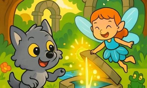 Mały wilkołak o imieniu Lutek, z miękkim srebrnym futrem i błyszczącymi, okrągłymi oczami, wyraża wielką ciekawość i ekscytację. Stoi obok starej ruiny, lekko uniesionymi przednimi łapami, gotowy do eksploracji. Obok niego mała wróżka o imieniu Zuzia, z błyszczącymi skrzydłami w kolorze nieba i sukienką z płatków kwiatów, uśmiecha się radośnie, oświetlając scenę swoją magiczną światłością. W tle mała zielona żaba z błyszczącymi oczami stoi na kamieniu, obserwując z zainteresowaniem. Miejsce to zaczarowany las z majestatycznymi drzewami o sękatych pniach, jaskrawozielonymi liśćmi i kolorowymi kwiatami rozsianymi po ziemi. Czysty i lśniący strumień wije się przez ruiny, gdzie promienie słońca przenikają przez gałęzie, tworząc tańczące wzory na ziemi. Główna sytuacja pokazuje Lutek i Zuzia otwierających stary kamienny przykrycie nad tajemniczym źródłem wody, podczas gdy iskry światła i bąbelki wody wystrzeliwują wokół nich, ujawniając magię ich przygody.