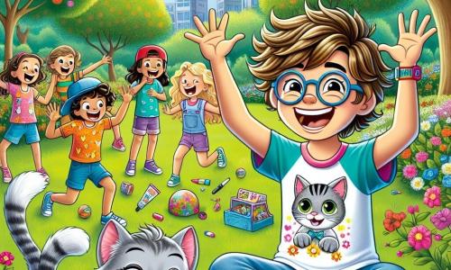 Um garoto de 12 anos, Miguel, com cabelo castanho bagunçado e óculos redondos, está sentado na grama verde do parque, rindo alto, com os braços levantados em sinal de alegria. Ele veste uma camiseta colorida com estampas de gatos e um short jeans. Ao seu lado, seu gato Bolinha, um pequeno felino de pelos cinzas e olhos brilhantes, está fazendo um salto acrobático, com uma expressão travessa no rosto. Ao fundo, um grupo de crianças, incluindo uma menina de cerca de 10 anos com cabelo loiro trançado, aplaude e ri, enquanto um garoto de 8 anos, com um boné vermelho, tenta tirar uma foto com seu celular. O parque está cheio de flores coloridas, árvores majestosas e um céu azul radiante, criando uma atmosfera alegre e ensolarada. A cena principal mostra Miguel e Bolinha se preparando para um espetáculo de mágica, com acessórios coloridos ao redor, enquanto as crianças os observam com admiração, prontas para viver uma aventura cheia de risos e surpresas.