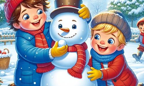 Un ragazzo di 7 anni, chiamato Luca, con i capelli castani arruffati e le guance rosate, sta costruendo un grande pupazzo di neve in un giardino innevato. Indossa un cappotto blu brillante, un berretto rosso e guanti gialli, e il suo viso irradia gioia ed eccitazione. Accanto a lui, il suo amico Marco, un ragazzo di 7 anni con un cappello rosso e capelli biondi, lo aiuta rotolando una palla di neve. Marco ha un sorriso luminoso e occhi scintillanti di felicità. Il luogo è un affascinante giardino, coperto da uno spesso strato di neve scintillante sotto il sole invernale, con alberi le cui branche sono cariche di neve e fiocchi che cadono dolcemente dal cielo blu. La scena principale mostra Luca e Marco in azione, ridendo e divertendosi, mentre decorano il loro pupazzo di neve con una sciarpa rossa e un vecchio cappello, creando un momento magico di amicizia e creatività in inverno.