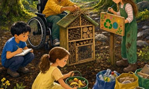 Há quatro crianças: Sofia, menina de ~9 anos, cabelos castanhos presos em rabo, vestido amarelo claro, segurando um pequeno balde verde de composto à frente, perto de uma clareira; Pedro, menino de ~10 anos, cabelos pretos curtos, camiseta azul, agachado à esquerda com caderno e lápis, observando e anotando; Lúcia, menina de ~8 anos, cabelos longos castanho‑claro, jardineira verde suja de terra, em pé à direita pintando uma pequena placa de madeira com desenhos coloridos; Miguel, menino de ~10 anos, cabelos encaracolados, pele um pouco mais escura, em cadeira de rodas robusta, montando calmamente um 