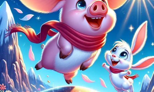 Um porquinho rosa com grandes orelhas, chamado Pipo, está no topo de uma montanha cintilante, com os olhos arregalados de alegria e surpresa. Seu pelo é macio e brilhante, e ele usa um pequeno lenço vermelho no pescoço. Ao seu lado, um travesso coelhinho branco chamado Tico, com olhos brilhantes e um sorriso radiante, salta de felicidade, com suas longas orelhas flutuando ao vento. Eles estão cercados por flores coloridas que brilham sob o sol radiante, enquanto um céu azul se estende no horizonte. A cena transmite uma atmosfera de magia e aventura, enquanto Pipo e Tico acabaram de realizar seu sonho de voar, flutuando levemente acima do solo, cheios de empolgação e camaradagem.