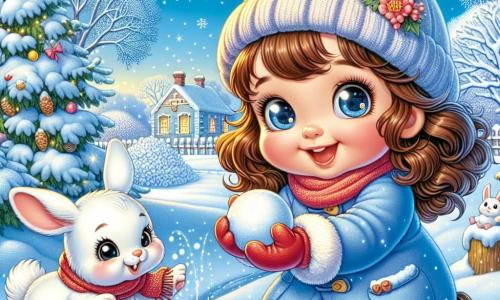 Una bambina di un anno, Sofia, con capelli castani ricci e grandi occhi brillanti, sta giocando nella neve. Indossa un carino cappotto blu, guanti rossi e un berretto giallo, il suo viso irradia gioia e meraviglia mentre fa una palla di neve. Accanto a lei, un adorabile coniglietto bianco, con orecchie lunghe e occhi lucenti, osserva curiosamente Sofia. È seduto sulle zampe posteriori, pronto a saltare per prendere una palla di neve. Il contesto è un giardino invernale, coperto da uno spesso strato di neve scintillante sotto il sole invernale. Alcuni alberi con rami carichi di neve si ergono sullo sfondo, e alcuni fiocchi cadono dolcemente dal cielo blu. Sofia, con un sorriso radioso, lancia una palla di neve verso il coniglietto, che salta gioiosamente per prenderla, creando una scena piena di magia e felicità invernale.