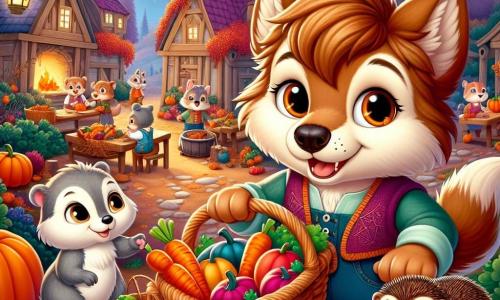 A young wolf named Leo, with soft, silky reddish-brown fur, stands happily in the center of a lively village, his eyes shining with curiosity and excitement. He carries a small wicker basket filled with bright orange carrots and golden squash, ready to join the autumn festival. Next to him, a small squirrel named Chip, with sparkling eyes and gray fur, smiles as he helps gather vegetables. A hedgehog named Hazel, with brown spines and a focused expression, chops vegetables nearby, adding a touch of magic to the meal preparation. The setting is a warm village surrounded by tall trees with vibrant leaves, where pumpkin-shaped lanterns light up the scene. Animals of all kinds bustle around large wooden tables, decorated with autumn fruits and flowers. The main scene shows Leo and his friends preparing a big pot of soup filled with colorful vegetables, while the air is filled with laughter and the delicious aroma of cooked dishes, creating a festive and joyful atmosphere.
