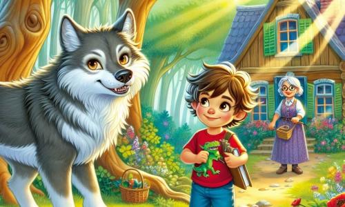 A brave 5-year-old boy named Leo, with messy brown hair and curious sparkling eyes, stands in front of a large gray wolf. Leo wears a red dinosaur-patterned t-shirt and blue shorts, smiling determinedly while holding a small notebook and a magnifying glass. Next to him, the wolf, with gentle eyes and a shy demeanor, leans slightly forward, showing he is not threatening. In the background, an elderly lady, the wolf's grandmother, appears at the door of a charming wooden house with colorful shutters and a flower garden, smiling warmly while holding a basket of berries. The scene takes place in a sunny forest with majestic trees and colorful flowers. Sunlight filters through the branches, creating a magical atmosphere. The main focus shows Leo and the wolf joyfully discussing, while the grandmother watches them kindly, illustrating the moment they unite to prove to the village that the wolf is a friend, not an enemy.