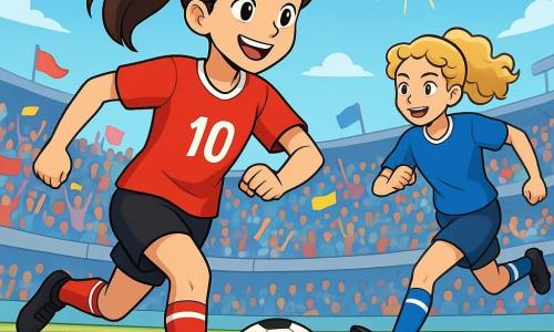 A young woman, Mara, about 16 years old, stands at the center of a lush football field, her face radiating determination and joy. She has brown hair in a ponytail, sparkling eyes, and wears a red jersey with the number 10, along with black shorts. She skillfully dribbles the ball, her bright smile reflecting her passion for the game. Next to her, Taya, another player aged 17 with curly blonde hair, is sprinting down the right side of the field, ready to receive the pass. She wears a blue jersey and striped socks, her expression focused and enthusiastic. The field is surrounded by stands filled with cheering fans waving colorful flags and signs. The sky is bright blue with a few white clouds, and the sun shines, casting a warm light on the scene. The main action shows Mara making a perfect pass to Taya, who is heading towards the goal. The energy of the moment is palpable, with spectators applauding and encouraging the players, creating a vibrant and dynamic atmosphere.