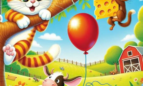 A mischievous cat named Whiskers, with orange striped fur and sparkling eyes, is perched on a tree branch, paws in the air, smiling widely as he tries to catch a shiny red balloon. Next to him, a small rabbit named Benny, with large ears and white fur, joyfully jumps down from the tree, laughing and making faces to distract a mischievous squirrel that has taken a big piece of cheese. Clara, a brown cow with white spots, stands at the base of the tree, ready to catch the cheese with a determined look. The scene takes place on a sunny farm, with green fields, colorful flowers, and a red barn in the background. Whiskers, Benny, and Clara are on an adventure trying to recover the cheese stolen by the squirrel, creating a joyful and fun atmosphere.