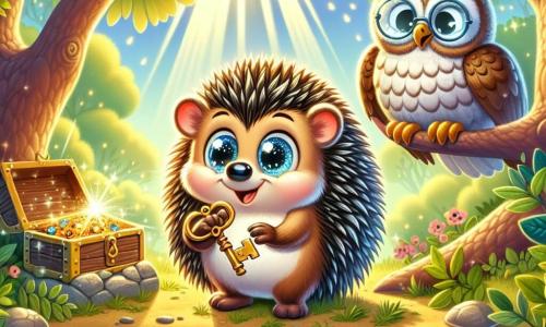A hedgehog named Oliver, with shiny quills and sparkling curious eyes, stands at the edge of a shimmering lake, holding an ancient key in his small paws, his face lit up with excitement and wonder. Next to him, a wise owl named Oswald, with soft feathers and round glasses, watches him with an encouraging smile, perched on a tree branch. In the background, a beautiful lush forest stretches out, with rays of sunlight filtering through the leaves, creating a dance of shadows on the ground. The scene depicts Oliver discovering hidden treasure in a chest, surrounded by colorful stones that shine like stars, symbolizing friendship and the magic of nature.