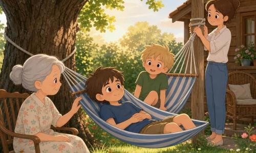 A warm, quiet scene in a sunny summer garden: a relieved 12-year-old boy with a round, freckled face and short chestnut hair lies relaxed in a blue-and-white striped hammock, hands on his belly; a gentle 70-year-old grandmother with gray hair in a bun and a pastel floral dress sits nearby on a wooden chair, hand extended as if rocking the air; another 12-year-old boy, cousin Noah, with tousled blond hair and a green T-shirt sits in the hammock in the background, legs swinging and looking surprised then amused; a calm 40-year-old mother with tied brown hair stands by a wooden post showing the rope knot as if having just helped tie the hammock; the garden has a large oak, green grass with small red and white flowers, a wooden shed and wicker chair, and a blue sky with fluffy clouds; the moment evokes reconciliation and regained trust with soft evening light, pastel-vivid colors and simple rounded forms in a kawaii minimalist style.