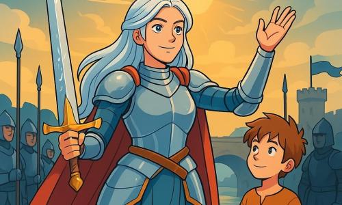 Lady Elara, a knight with long silver hair, stands proudly at the center of the image, her shining armor reflecting the sunlight. Her face shows gentle determination, with eyes shining with courage and a slight smile. She holds a rune-embellished sword in one hand while the other is raised to the sky, as if calling for peace. Beside her, Elian, a twelve-year-old boy with tousled hair and sparkling eyes, admires his mentor. He wears a simple tunic and has a small knife at his belt, standing slightly back, ready to assist. In the background, the stone bridge over the Harrow River is visible, with banners fluttering in the wind. Soldiers on both sides, in shiny and dark armor, stand waiting, their faces marked by uncertainty. The scene takes place on the bridge, where Lady Elara and Elian are preparing to meet Lord Malvaris to negotiate peace. The atmosphere is tense yet hopeful, with rays of light breaking through the dark clouds, symbolizing a new chance for both kingdoms.