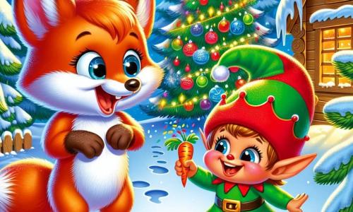 Little Fox, a small fox with reddish fur and sparkling mischievous eyes, stands at the center of the scene with a big joyful smile on his face. He looks in amazement at a little prankster elf, dressed in a bright green costume and a pointed red hat, who laughs while holding a carrot in his hands. The elf, with rosy cheeks and mischievous eyes, is dancing around a Christmas tree decorated with shimmering garlands and colorful ornaments, throwing confetti in the air. The scene takes place in an enchanted forest covered in a thick layer of shining snow, with snowflakes gently falling from the light blue sky. Footprints lead to a small wooden cabin, where warm lights can be seen through the windows. Little Fox and the prankster elf are having fun creating Christmas surprises, surrounded by laughter and magic, as the tree sparkles brilliantly.