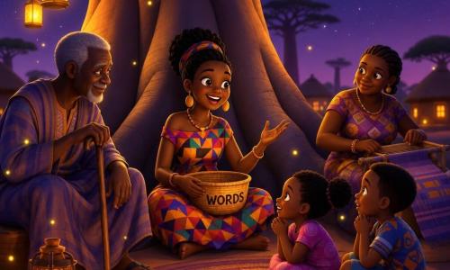 Nia, a young joyful woman with bright eyes and round cheeks, smiles in a colorful geometric dress holding a small basket of words on her lap as she sits against a baobab trunk telling a story; Kofi, about 70 with dark skin and short gray hair, sits to her left with one hand on his staff and a gentle smile leaning toward her; Amma, about 45, weaves nearby with braided hair and quick fingers, nodding in approval; two children, a girl of about 6 and a boy of about 8, sit close together on a braided mat, wide-eyed and clasping their hands; a massive baobab fills the background with rough bark, visible roots and branches silhouetted against a starry night with small hanging lamps; warm lamplight, long shadows, orange and purple hues and fireflies create a peaceful, communal atmosphere as the village listens attentively.