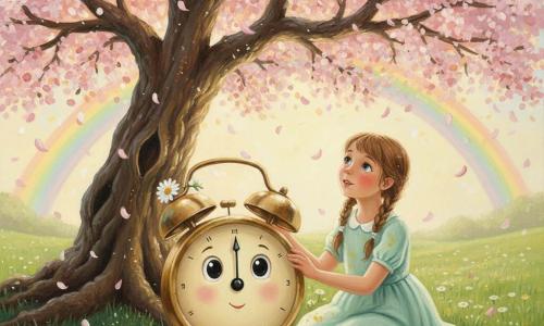 A small anthropomorphic brass alarm clock toy, round and polished with a painted smiling face, round black eyes, delicate hands pointing to noon and a tiny white daisy tucked behind its handle, sits on grass by tree roots watching pink petals fall; a delighted 7–8-year-old girl with light brown pigtails and a mint-green pollen-stained dress kneels beside it, gently resting her hand as if protecting it; an old cherry tree in bloom with a textured trunk and branches strewn with pale pink flowers fills the immediate background, petals drifting like confetti. The scene is a sunlit spring meadow with fresh green grass, white daisies and yellow buttercups, a recently dried puddle and a faint rainbow on the horizon, rendered in soft pastel tones and visible acrylic brushstrokes.
