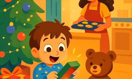 A 4-year-old boy named Timmy, with messy brown hair and bright, excited eyes, sits on the floor surrounded by colorful packages. He wears blue pajamas with golden star patterns, and his face radiates joy and wonder. Beside him, his faithful teddy bear, Brownie, has soft brown fur and a friendly smile. In the kitchen, Timmy's mom, a woman in her 30s with long curly hair, bakes Christmas cookies. Wearing a festive red apron, she smiles warmly at her son, adding a touch of magic to the atmosphere. The scene takes place in a cozy living room decorated with a large sparkling Christmas tree, illuminated by fairy lights and adorned with colorful ornaments. Snow gently falls outside, creating a fairytale landscape through the window. Timmy, amazed, eagerly opens a gift, his face lit by the glow of the sparkling decorations. The magic of Christmas fills the air, and the excitement of discovering what Santa has brought is palpable.